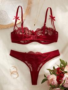 2-Piece Valentine's Day Women's Women's Burgundy Romantic Embroidered Thong Lingerie 2-Piece Set, Custom Butterfly Lingerie Set - 紅色 - 查看 3