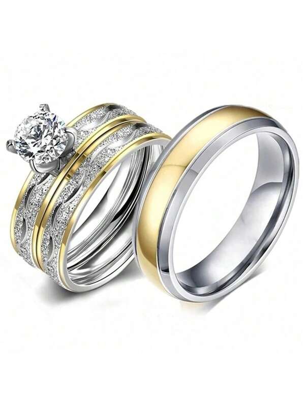 1 Pc Charm Couple Rings For Lover's Exquisite Rhinestones Zirconia Women Rings Set Fashion Stainless Steel Ring Engagement Wedding Jewelry Accessories
