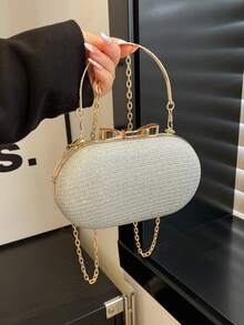 Fashionable Mini Glamorous Metal Chain Shiny/Sequin Portable Gold Women's Evening Bag, Elegant Wedding Crossbody Handbag - Silver - View 7