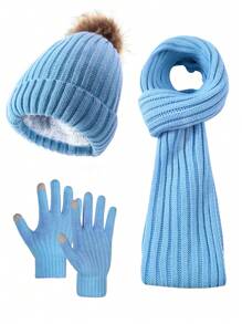Set de 3 piezas de mujer con gorro de punto de rayas verticales de unicolor, bufanda y guantes, cálido y acogedor para uso casual al aire libre en otoño/invierno, accesorios de invierno, atuendos de invierno