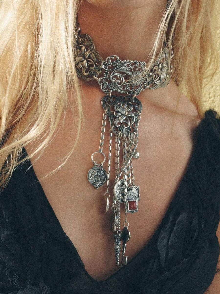 1 chiếc vòng cổ mặt tua rua hình học hợp kim phong cách Bohemian cổ điển, trang phục dự tiệc và làm quà tặng - Vòng cổ tua rua phóng đại - Xem 1