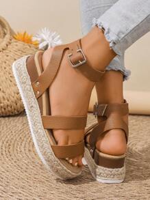 Women's Strap Buckle Sandals, Summer Casual Fashion Wedge Platform Sandals, Solid Color Bohemian Strappy Woven Shoes, Suitable For Spring & Summer