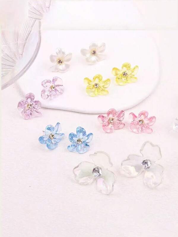 1 Stück asymmetrische holographische transparente Mini Blumen Acryl Ohrstecker, Ohrringe mit frischem Blüten Design