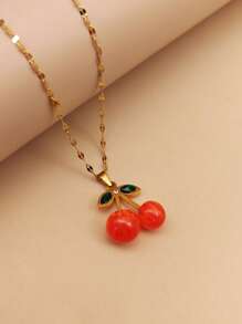 1 pièce Pendentif en acier inoxydable avec cerise rouge et zirconium, collier simple et polyvalent, cadeau pour femme