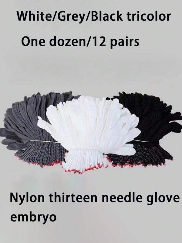 12 luvas de nylon para jogos com 13 agulhas, brancas e pretas, altamente elásticas, ultrafinas e sem fiapos
