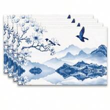 Set de 4 o 6 individuales, decoración del hogar, individual de lino estilo moderno de porcelana azul y blanca impresa, adecuado para mesas de comedor, decoración versátil de temporada en primavera, verano, otoño e invierno, individual de mesa lavable de estilo moderno, resistente al calor, resistente a las manchas, decoración de habitación, individual, posavasos, individual de mesa de cocina, decoración de fiesta, decoración del hogar, regalo ideal