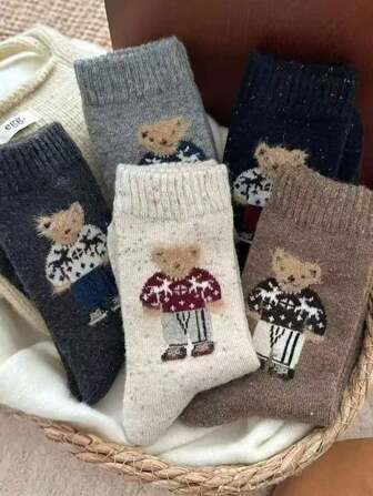 5 Pairs Autumn/Winter Warm Retro Cartoon Dotted Cute Bear Mid-Calf Socks, Fall Socks