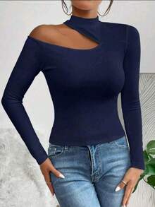 Women's T-Shirt Blouse Suplex Fabric Long Sleeve High Neck Asymmetrical Cut Ideal For Meetings And Casual Use - 藏蓝色 - 查看 1