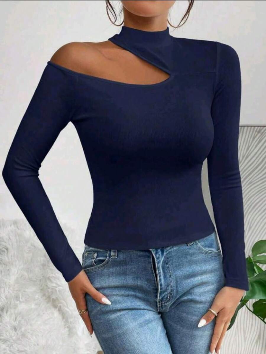 Women's T-Shirt Blouse Suplex Fabric Long Sleeve High Neck Asymmetrical Cut Ideal For Meetings And Casual Use - 藏蓝色 - 查看 1