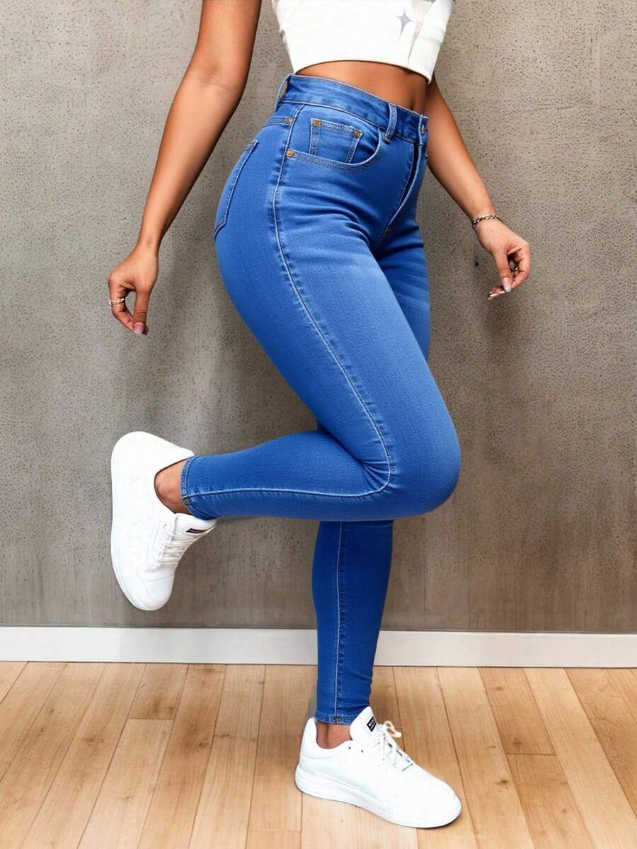 Pantalones vaqueros azules ajustados de tiro alto, elásticos y moldeadores, casuales y versátiles - Azul lavado medio - Ver 1