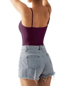 Suuksess Women Sexy Square Neck Thong Bodysuit Backless Cami Bodysuit Top - Violet - View 4