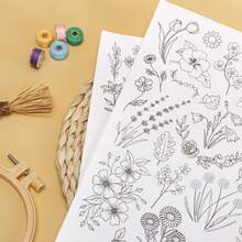 64 件水溶性刺绣稳定剂 2 件套，棒针绣花纸，预印花朵和叶子图案转印，适合手工缝纫爱好者和初学者（花朵） - 彩色 - 查看 5
