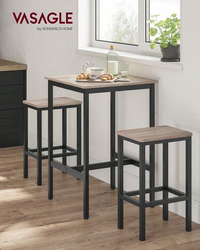 VASAGLE Hoher Tisch, Bartisch, quadratisch, Stahlrahmen, 60 x 60 x 92 cm, einfache Montage, für Küche, Wohnzimmer, Industriestil,Greige-schwarz