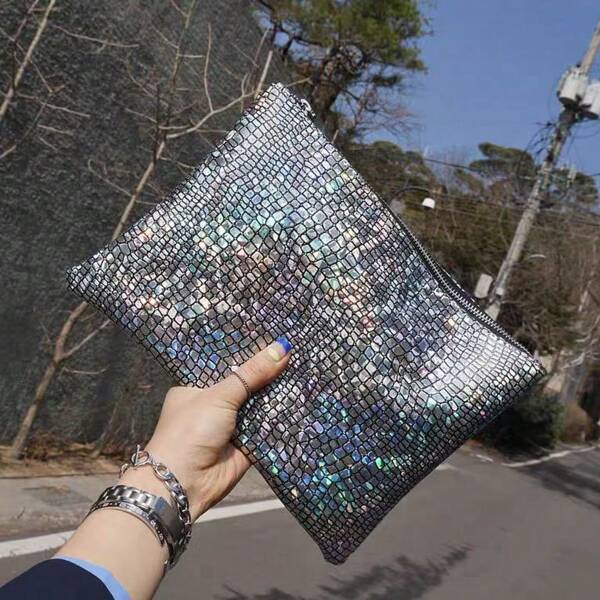 Bolso de mano con efecto láser brillante para mujer, bolso de mano de gran capacidad 2025 con pintado, bolso de fiesta con estampado de piedras, diseño minimalista y fashionable de estilo callejero tipo revista, bolso de mano