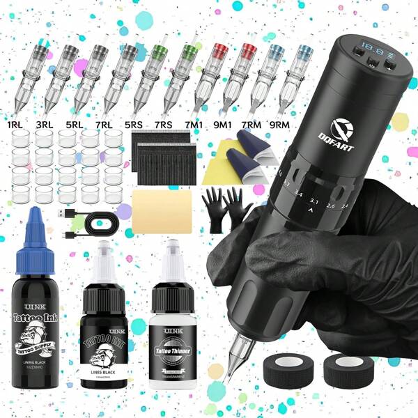 DQFART Kit de pistola de tatuaje inalámbrica con máquina de tatuaje giratoria, agujas mezcladas de 10 colores, tinta para tatuajes y una variedad de suministros para tatuajes. Un kit de tatuaje completo adecuado para principiantes y artistas del tatuaje. Una excelente opción de regalo para fiestas para familiares, amigos y parejas.