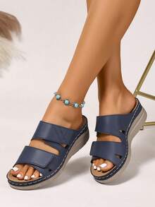 New Women Massage Heel Solid Color Casual Slip-On Platform Slippers, Thick Sole, Outdoor Wear, Summer - Navy Blue - View 7