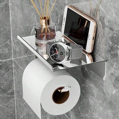 OBOVAY 1 pieza Portarrollos de papel higiénico de acero inoxidable, dispensador de papel higiénico minimalista negro/plateado montado en la pared, adecuado para decoración de baño, accesorios de baño y herramientas de baño