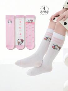 Sanrio 4 Pairs Kid Girls Knee High Socks, Hello Kitty, Mesh, Pink&White, Heart Thigh High, Cute School Style, Thin, Suitable For Students, Everyday, Back To School Season, New Semester, Classroom, Festival Matching, Can Be Paired With Lolita Skirt
