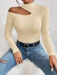 Women's T-Shirt Blouse Suplex Fabric Long Sleeve High Neck Asymmetrical Cut Ideal For Meetings And Casual Use - 米色 - 查看 3