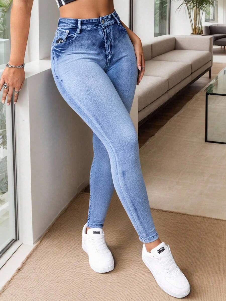 Pantalones vaqueros azul claro ajustados de tiro alto, elásticos con acabado vintage, casuales y versátiles - Lavado ligero - Ver 1