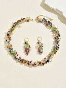3 pièces/Set Collier et boucles d'oreilles géométriques asymétriques européens et américains de luxe avec perles, convient pour les fêtes et les banquets pour femmes