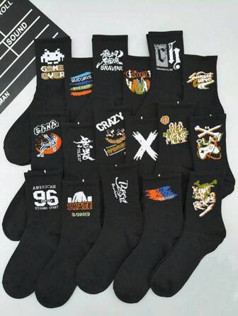10双随机涂鸦图案儿童袜，黑色，适合日常穿着，男女通用