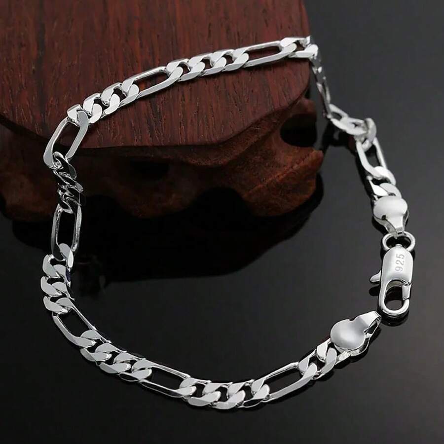 Charms Classic 4mm Sideways Chain 925 Sterling Silver Plated Bracelet Trang sức Tiệc cưới Quà tặng Giáng sinh - Bạc - Xem 1