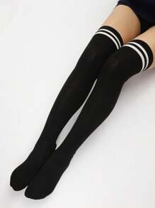 1 Pair Women's Solid Color Simple Fashion Comfortable Personalized Double Stripe Over-The-Knee Socks, Versatile For All Seasons