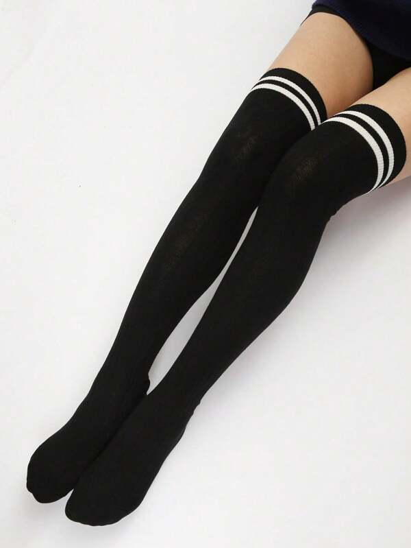 1 Pair Women's Solid Color Simple Fashion Comfortable Personalized Double Stripe Over-The-Knee Socks, Versatile For All Seasons