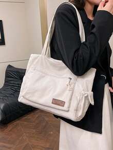 简约多口袋大容量托特包，纯色单肩复古大号灯芯绒单肩包，适合秋冬通勤上班，休闲挎包手提包时尚流浪汉购物袋，适合女性节日礼物