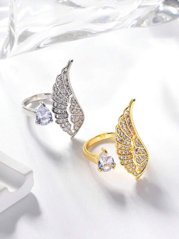 1 Piece Ladies Delicate And Elegant Angel Wings Women's Ring,Teardrop Zirconia With Luxury Rhinestones,Geometric Feather Design Opening Adjustable Ring,Summer Fashion Accessories,Jewelry Gifts For Daily,Vacation,Wedding,Party,Gift,Birthday,Valentine's Day Gift,Mom,Lover.