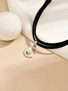 1pc Double Layer Moon Pendant Necklace, Fashion And Versatile Chain - Silver+Black - View 2