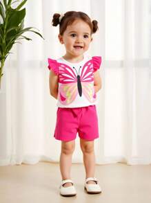 2pcs/Set Baby Girls Cute Bow Print Cap Sleeve Top + Solid Bow Decor Casual Shorts Set