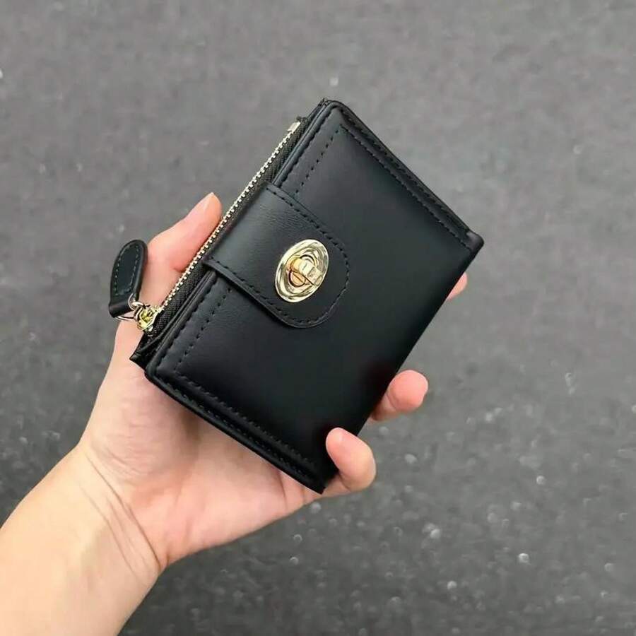 Small Wallet For Women Twist Locked Wallet With Credit Card Slots, ID Window & Zipper Coin Purse BLACK - Black - View 1