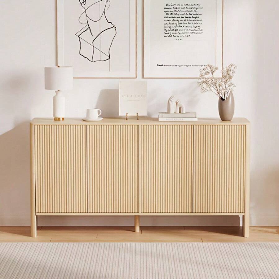 Fluted Sideboard Buffet Cabinet, 58" Large Storage Buffet Cabinet With 4 Doors & Adjustable Shelve, Wood Coffee Bar Console Table For Kitchen Dining Living Room - Natural Oak - View 1