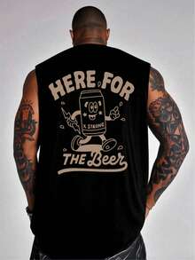 Plus Size Men's Summer Round Neck Beer Slogan Casual Tank Top - Black - View 1