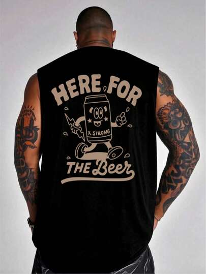 Plus Size Men's Summer Round Neck Beer Slogan Casual Tank Top