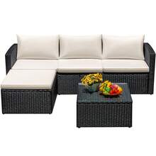 5 Pieces Patio Furniture Sets All Weather Outdoor Sectional Patio Sofa Manual Weaving Wicker Rattan Patio Seating Sofas With Cushion And Glass Table,Freely Combined - Màu be (phiên bản cải tiến) - Xem 7
