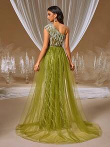 GIFORU Lavender Quartz & White Mermaid Gown Sheer Illusion One-Shoulder Dress With Silver Sequin Beading & Tulle Skirt Perfect For Gala Wedding Or Red Carpet - Olive Green - View 4