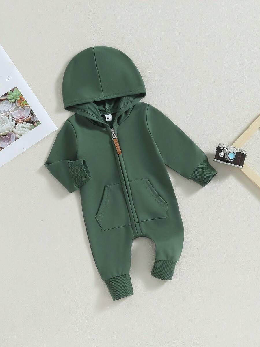 Monos de otoño para bebés, niños y niñas, de manga larga, de color liso, con cremallera y capucha, para recién nacidos - Verde - Ver 1