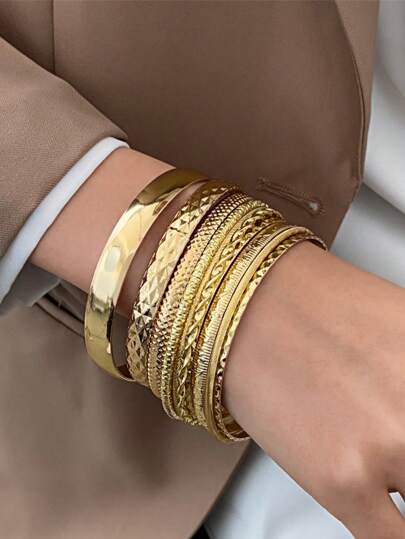 10 Pieces Of Fashionable Steel Bracelets, Suitable For Women And Men, Twisted Texture Bracelets, Gold And Silver Jewelry, Personalized Streetwear, Gothic Gifts (With Slight Asymmetrical Marks On The Surface)