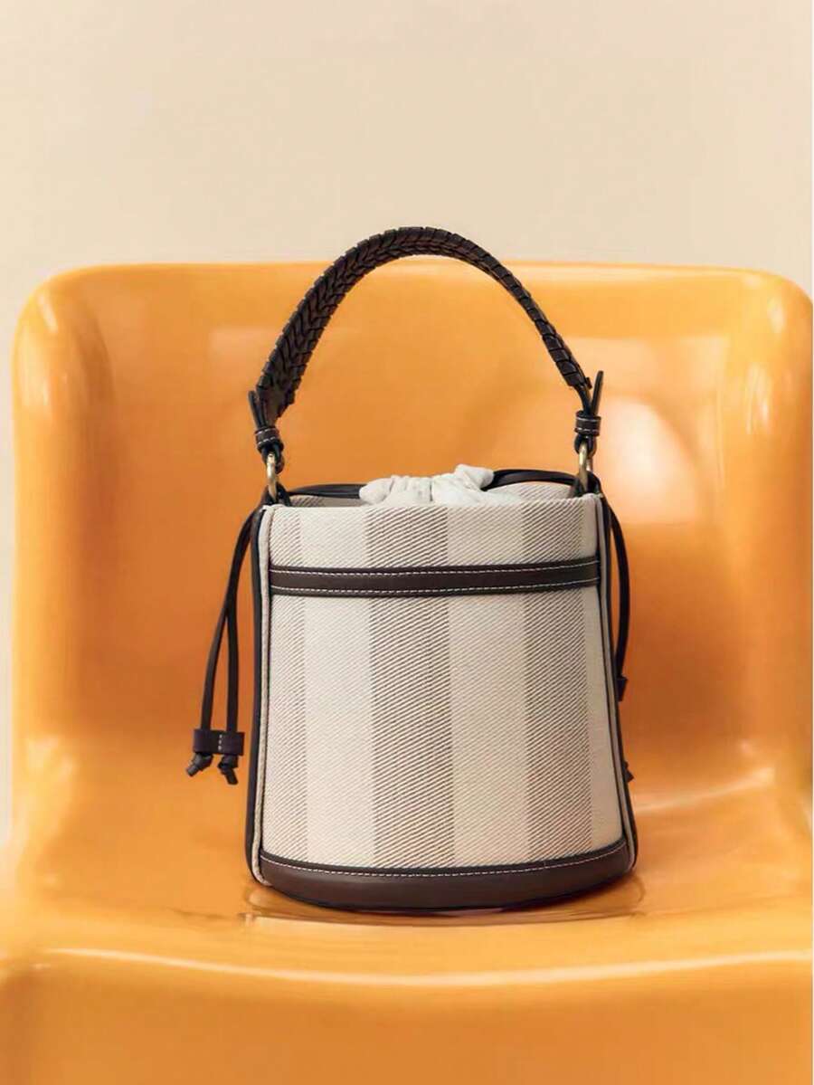 时尚条纹帆布水桶包设计师女士手提包镶板单肩斜挎包休闲夏季沙滩小手提包钱包 - 咖啡 - 查看 1