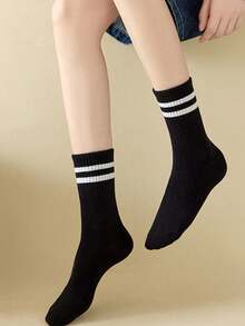 6 pares de calcetines unisex de media caña a rayas blanco y negro minimalistas, calcetines versátiles y casuales para todas las estaciones - Multicolor - Ver 3