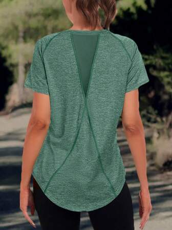 Camiseta deportiva de mujer de unicolor - Cuello redondo, ligera, de manga corta, mezcla de poliéster, adecuada para primavera y verano, color resistente, de corte holgado, estilo básico casual de manga corta para señoras