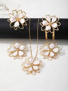 1 套优雅百搭几何镂空花瓣可调节花朵手链、戒指、项链和耳环首饰套装，适合日常佩戴和正式活动 - 彩色 - 查看 4