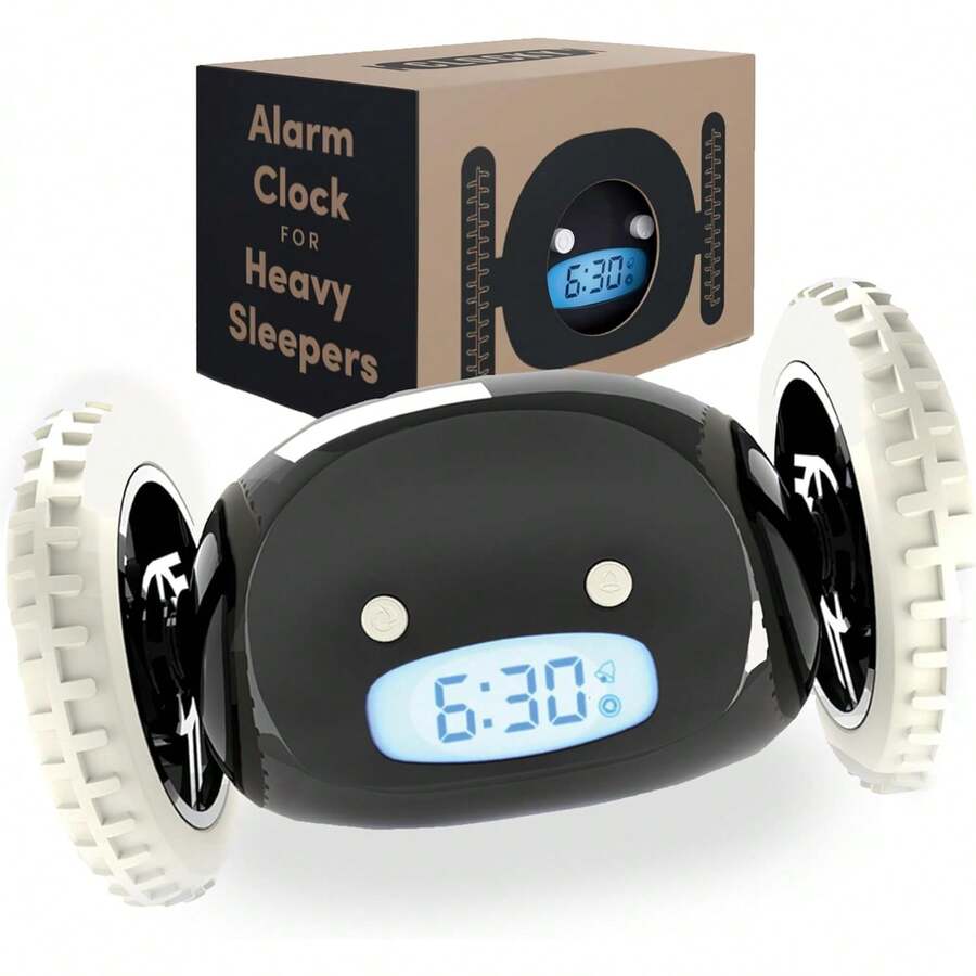 Extra Loud Alarm Clock For Heavy Sleepers On Wheels Rolls Runs Away Vibrating, Easy To Set Super Smart Snooze Digital Bed Shaker Alarm Clock Funny Gift For Adults Kids Teens Bedrooms (Black) - 黑色 - 查看 1