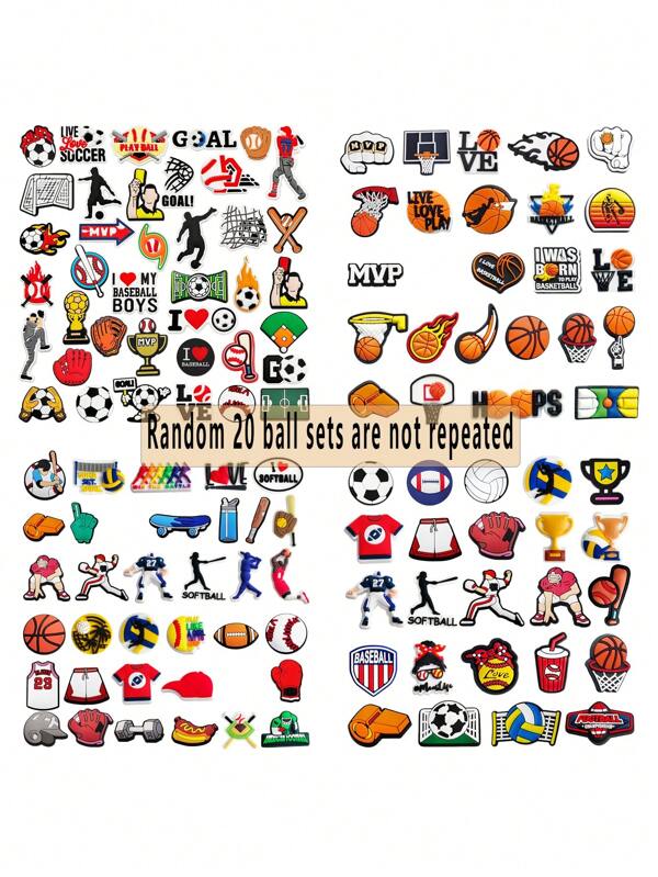 GrinLab 20 Stück/Set zufällige Fußball, Basketball, Baseball, Sport Schuhe Charms, PVC Krokodil Charm, geeignet für Clogs, Sandalen, Armbänder, Geschenk für Erwachsene, Kinder, Frauen, Männer, Jugendliche, Party