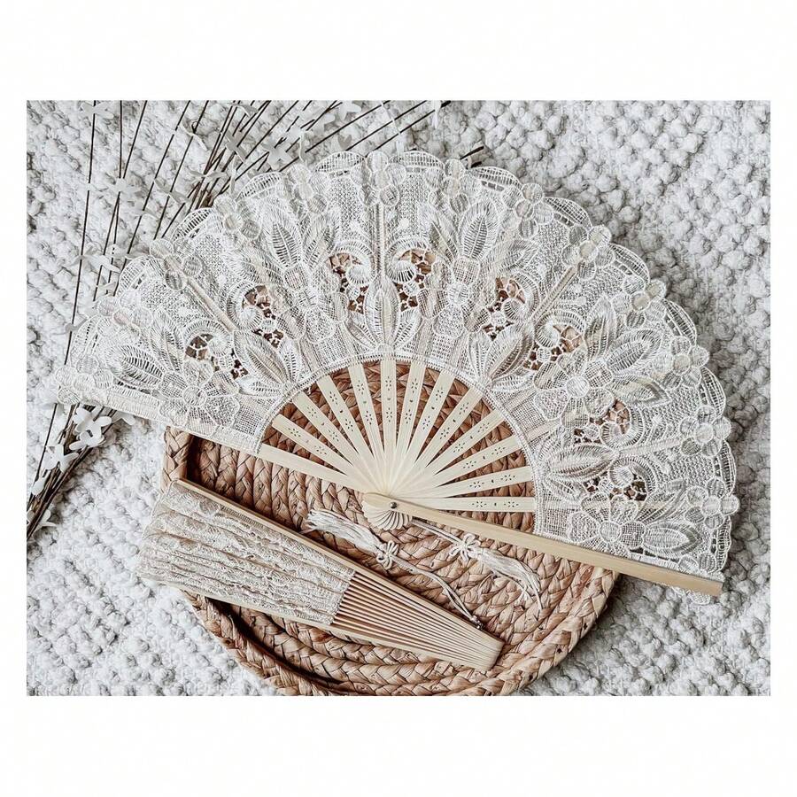 Victorian-Inspired Cotton Lace Wedding Folding Handheld Fan Vintage Embroidered Bridal Hand Fan For Prom, Cosplay, Tea Party, Costume Party, Dance, Gala, Photo Prop For Shooting Ivory - Nhiều màu - Xem 1