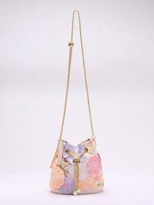1 Pc Colorful PVC Flower Decor, Mesh Embroidery Jacquard Flower Pattern Chain Pearl Bucket Bag, Fashionable Shoulder Bag, Crossbody Bag (Random Flower Pattern) - Baby Pink - View 9