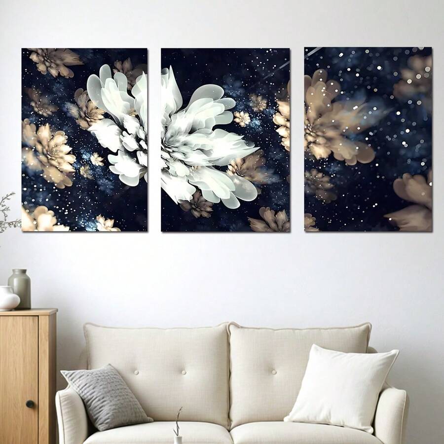 3 pièces Fleurs blanches modernes et élégantes en fleurs, art abstrait de fleurs, affiches murales sur canevas, impression haute définition avec cadre en option, décoration murale pour le salon et la chambre à coucher